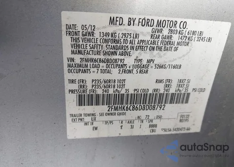 2013 Ford Flex Sel из США, поврежденный, VIN 2FMHK6C86DBD08792